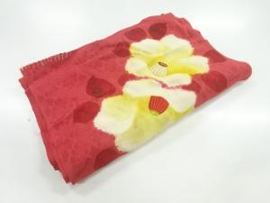 アンティーク　紋錦紗絞り椿模様刺繍着物洗い張り